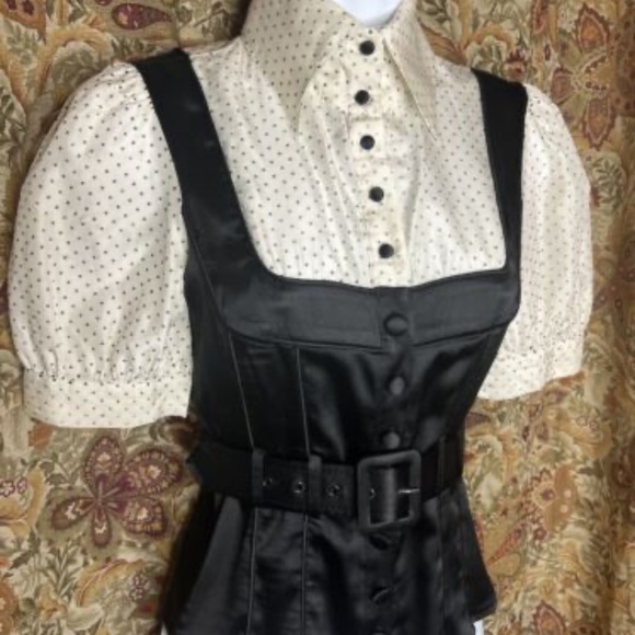 Vintage Bebe Silk Black & Polkadot Button Up Blouse w/Belt Pinup Burlesque Retro - Picture 1 of 5
